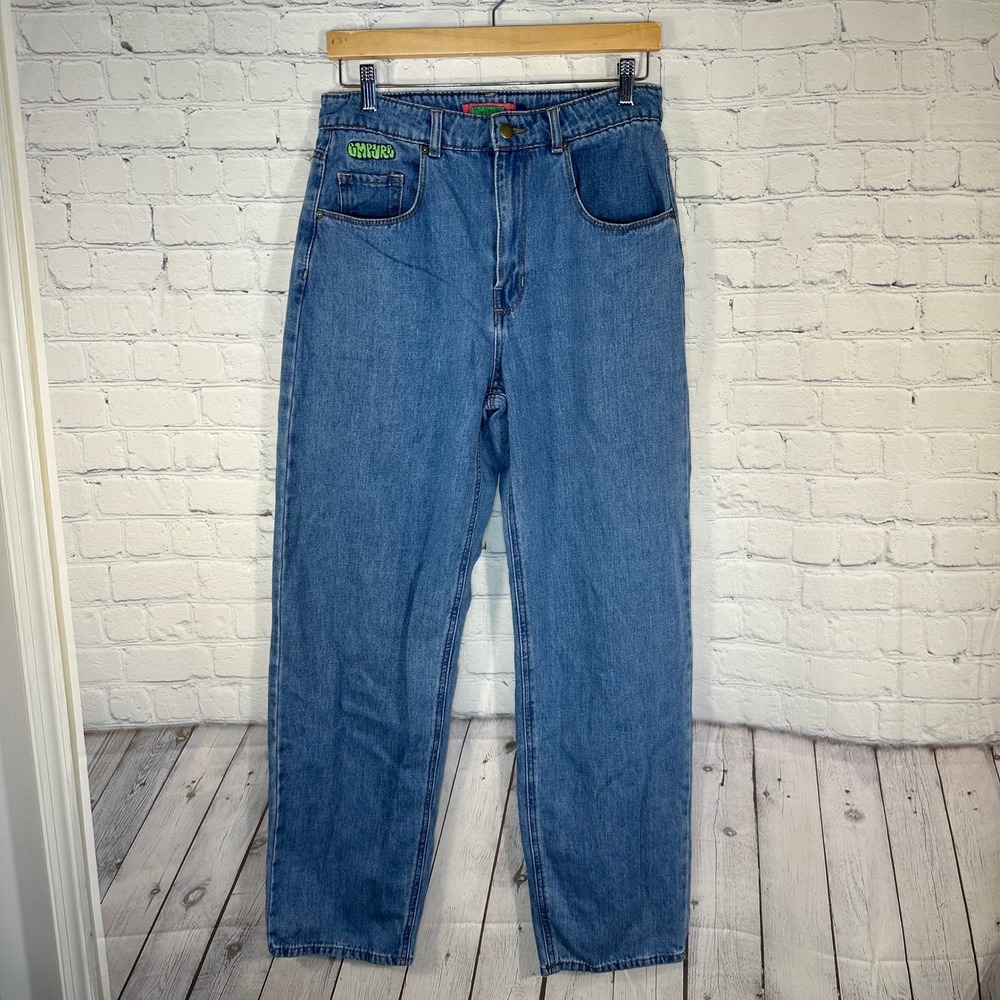 Empyre Tori Relaxed Straight Leg Jeans Blue Medium Wash Embroidered Logo Size 8